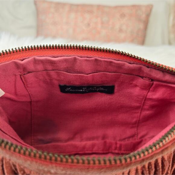 Fringed Coral Suede Wristlet Pouch Purse Western American Eagle AEO Hippie - Picture 7 of 10